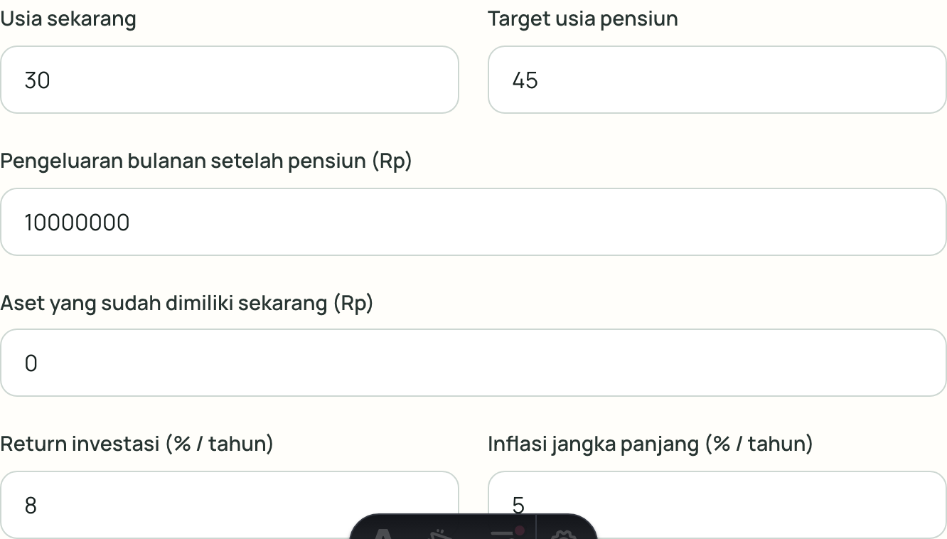 Tampilan input usia, target pensiun, biaya hidup, dan aset pada Kalkulator Bebas Finansial WhaleX